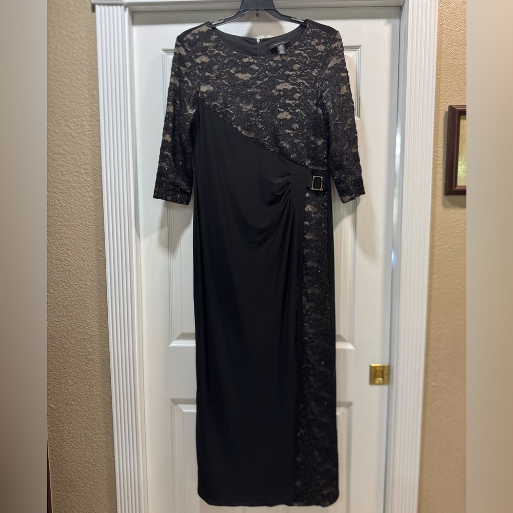 R&M Richards Black Asymmetrical Sheath Dress with 3/4 Sleeves